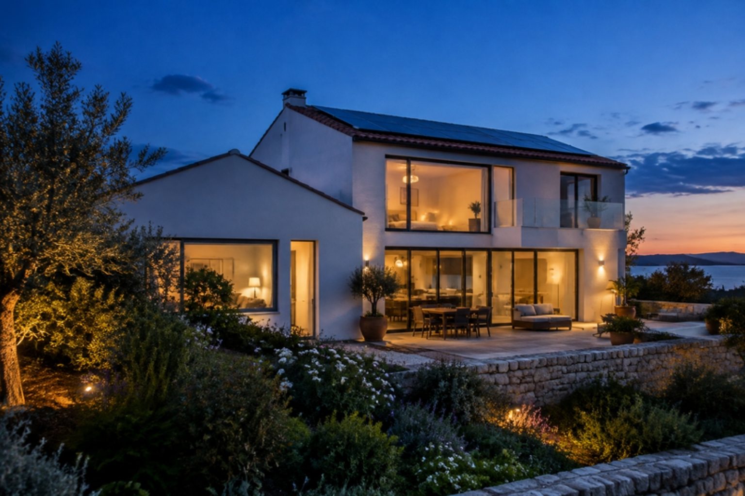 Vivienda mediterránea iluminada al anochecer con paneles solares en la cubierta