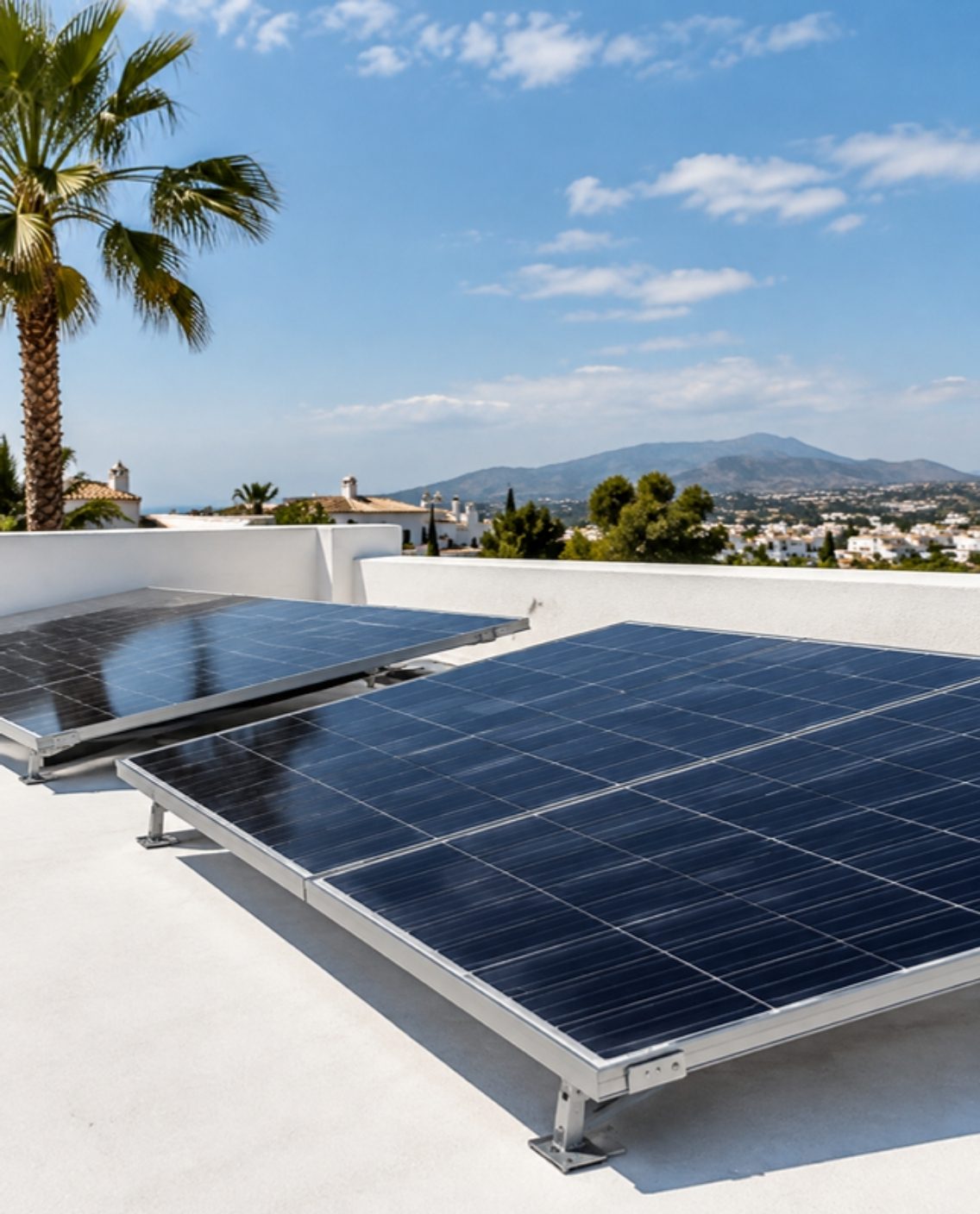 Paneles solares sobre una cubierta plana blanca con palmeras y montañas al fondo
